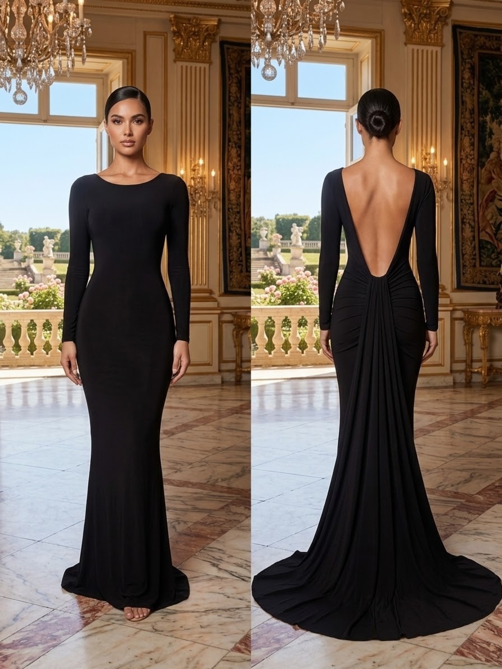 Nicole Bakti Black Long-Sleeve Open-Back Mermaid Gown